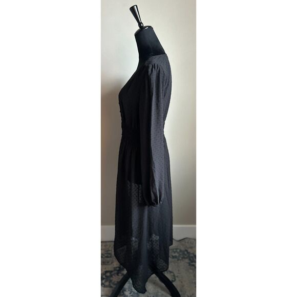 KENZIE Black Sheer V Neck Button Front Polka Dot Long Sleeve Midi Dress Size M - Picture 5 of 7